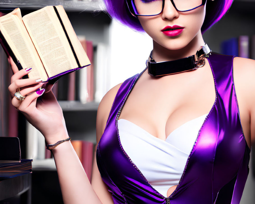 Woman with Purple Hair and Glasses Reading Book in Purple Dress