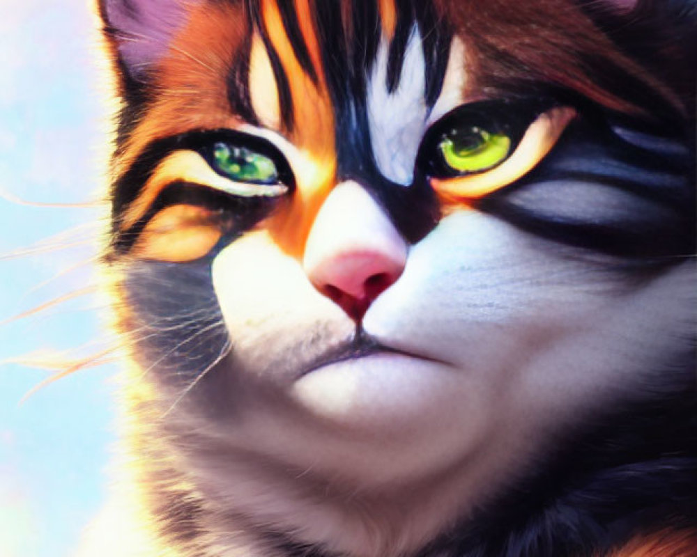 Detailed digital painting of orange and black striped cat with green eyes on blue background