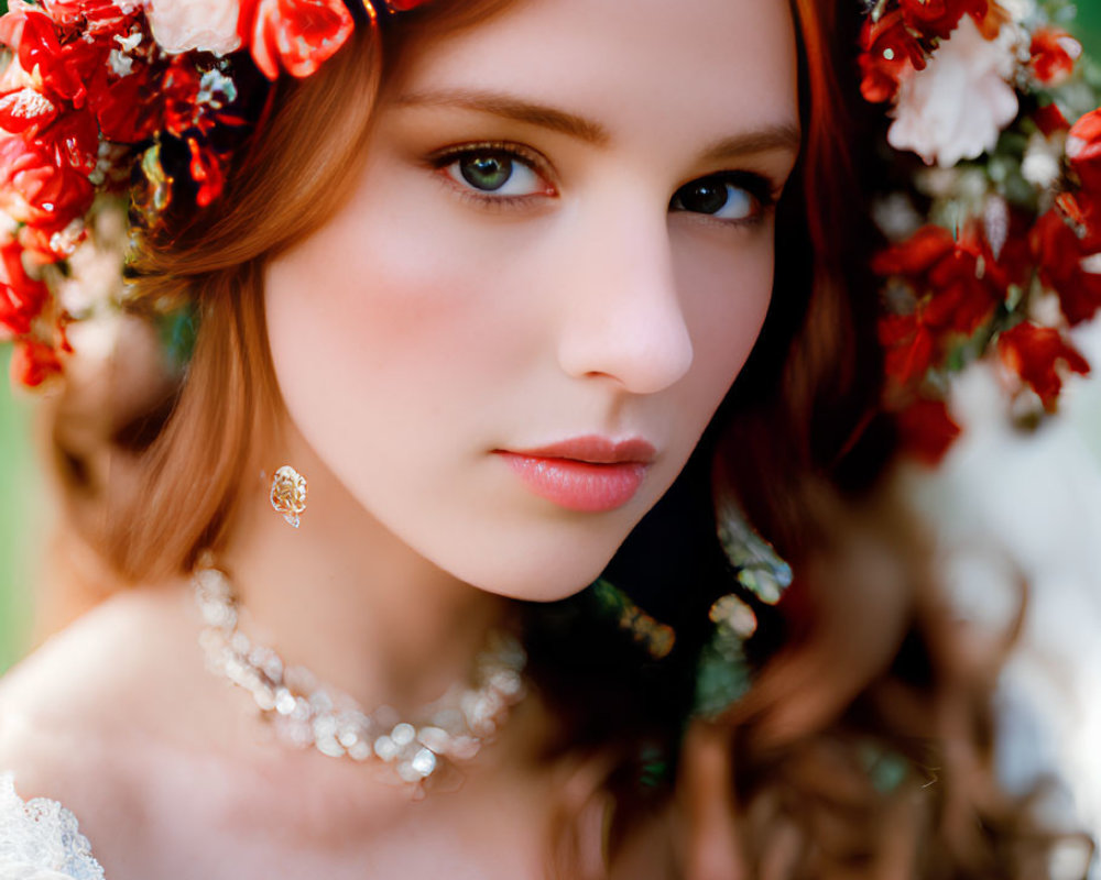 Red-haired woman in floral crown and lace garment with delicate jewelry gazes intently