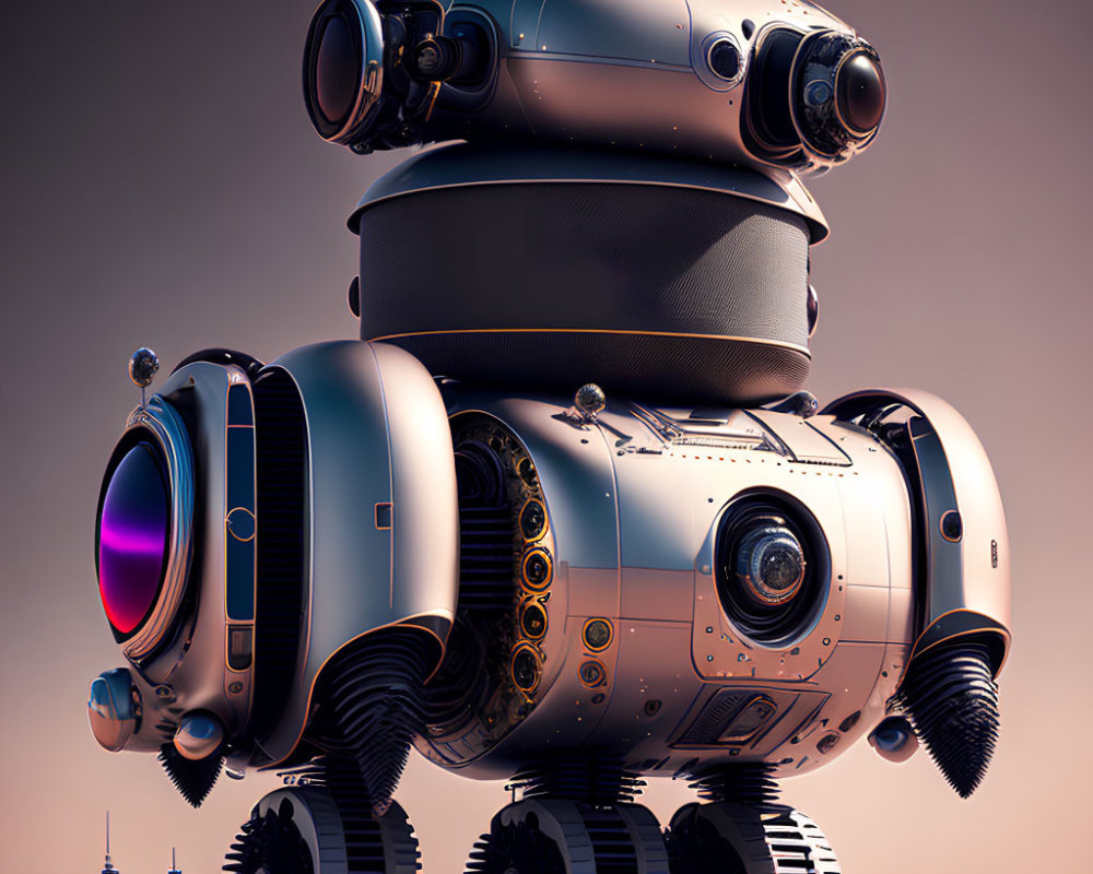 Futuristic spherical robot with lenses and arms in desert sunset