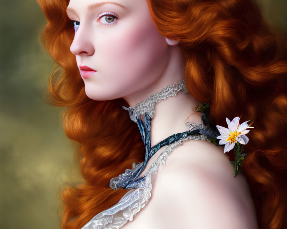 Portrait of a person with long wavy red hair, floral crown, corset, lace collar,