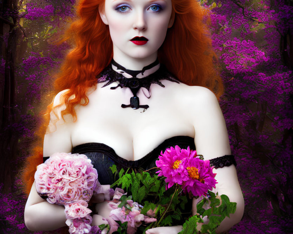 Vibrant red-haired woman in blue dress with flowers, against purple floral backdrop