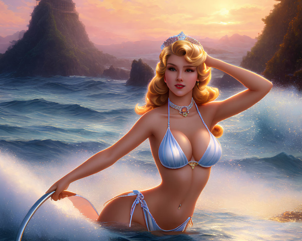 Blonde woman in bikini by sea at sunset with castle on cliff