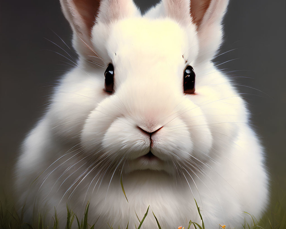 White Rabbit with Black Eyes in Field of Flowers: Close-up Shot