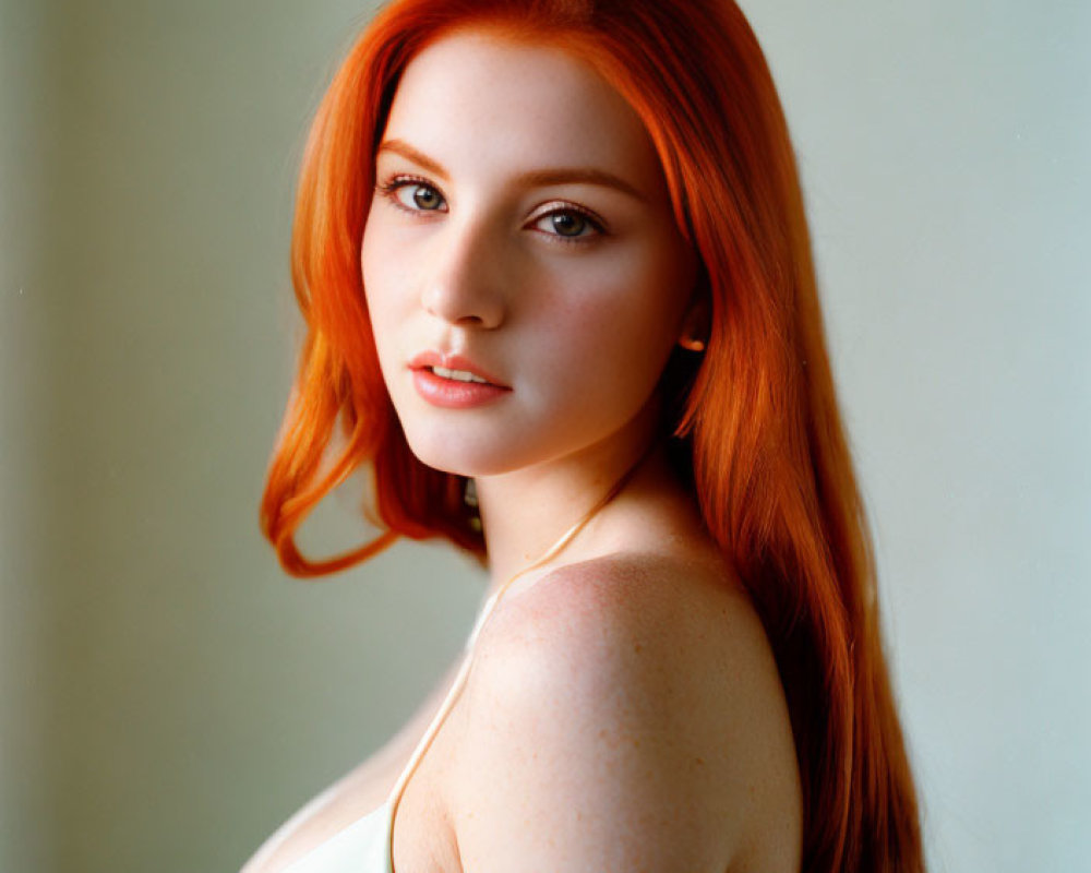 Red-haired woman in white top with freckles staring at camera