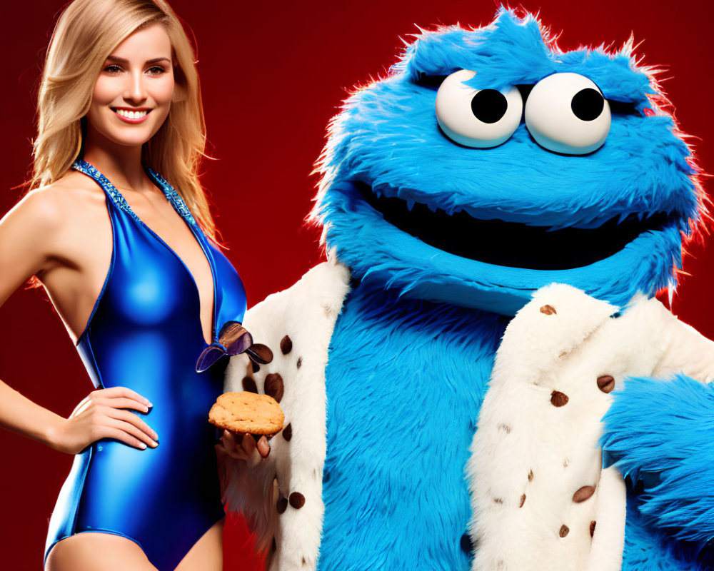 Woman in blue swimsuit with Cookie Monster holding a cookie on red background