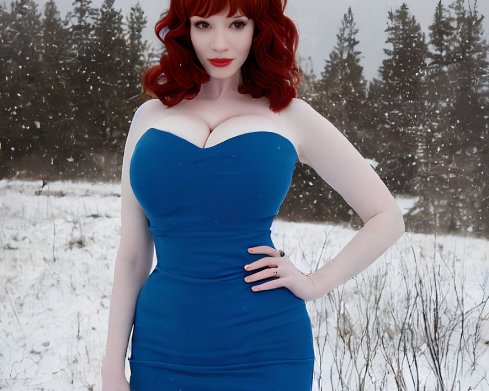 Red-haired woman in blue dress in snowy pine tree landscape