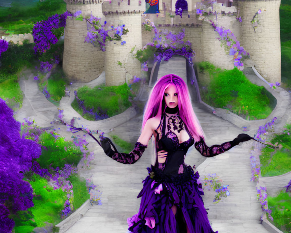 Pink-haired woman in gothic dress by majestic castle