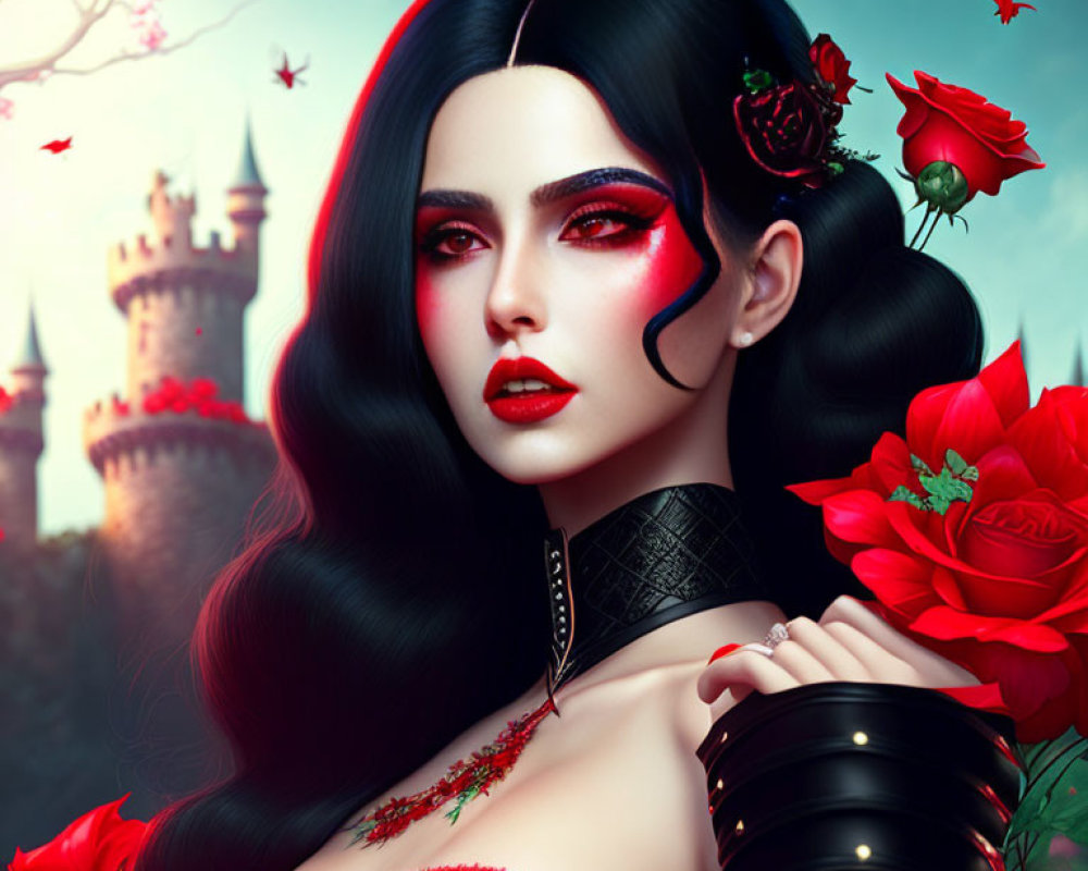 Digital artwork of woman with red makeup, black hair, roses, castle backdrop