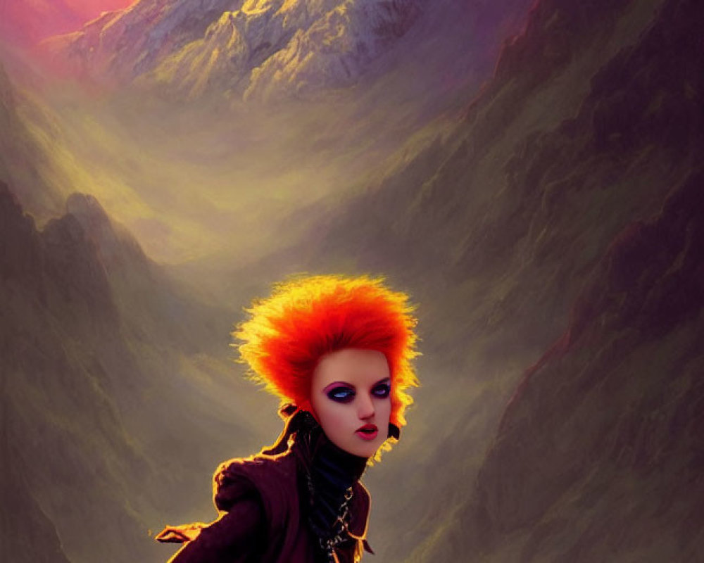 Orange-Haired Figure with Bold Makeup Against Sunset Mountain Landscape