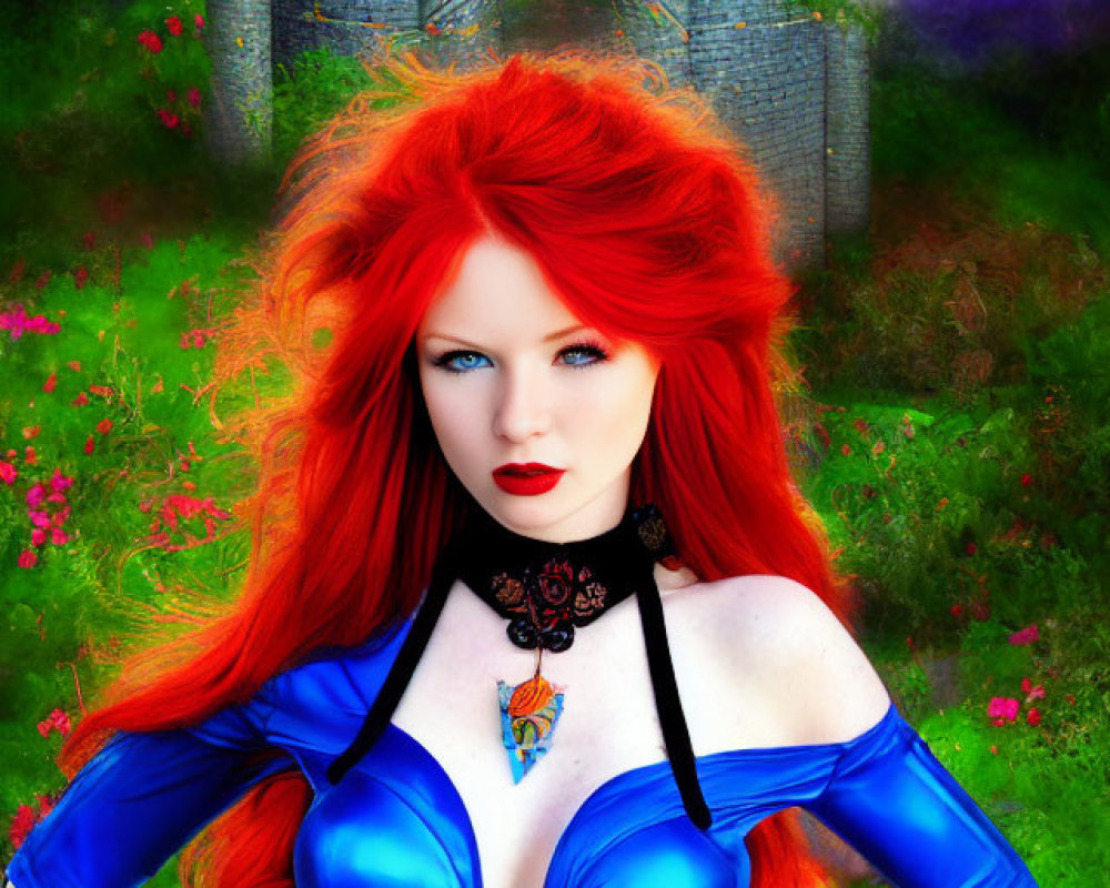 Vibrant red-haired woman in blue dress at fantastical castle