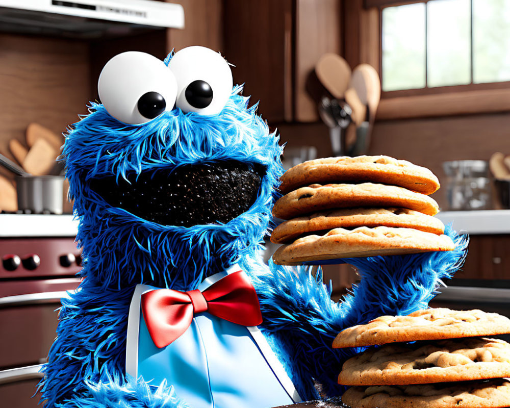 Blue Furry Puppet Character with Googly Eyes in Kitchen with Cookies