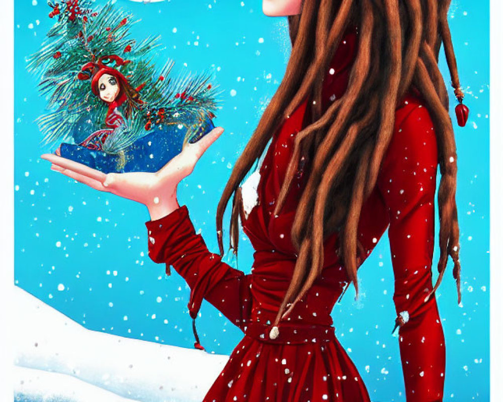 Stylized illustration of woman with dreadlocks and red dress holding tiny evergreen tree in snowy scene