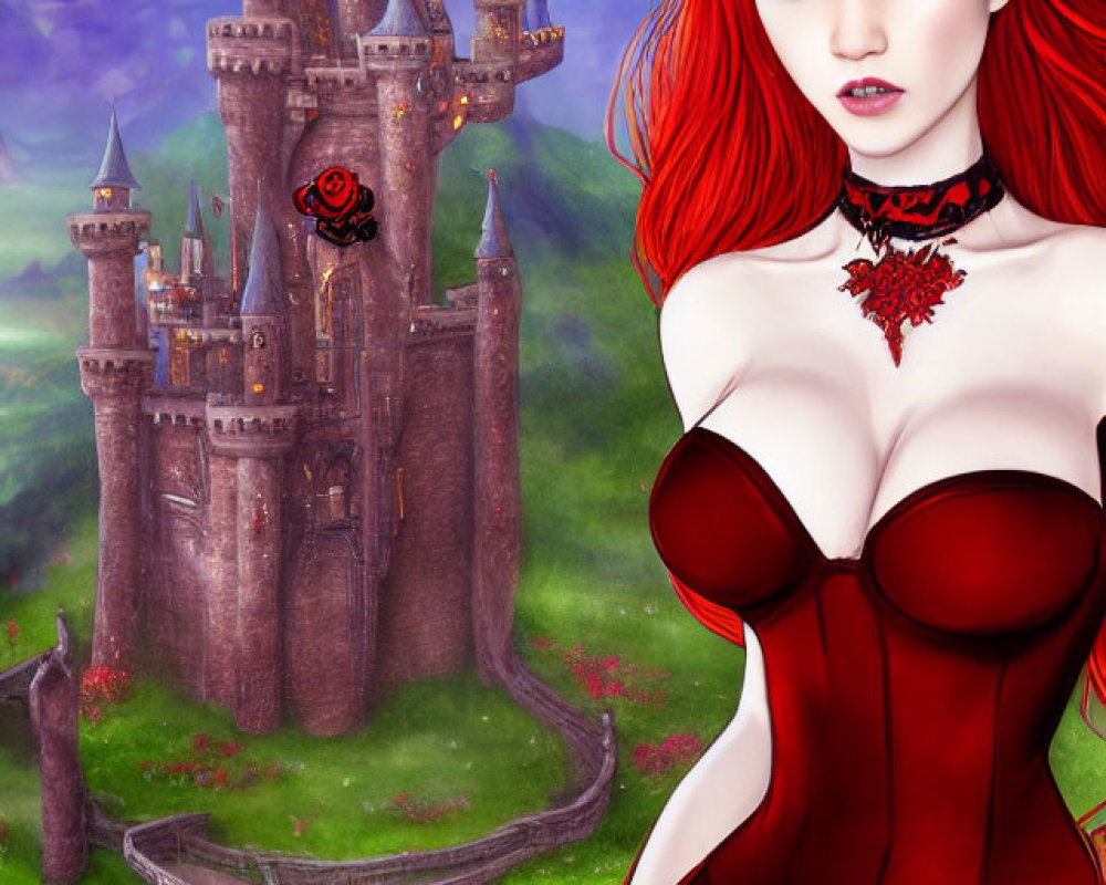 Vibrant illustration of woman with red hair in rose-adorned gown by fairytale castle