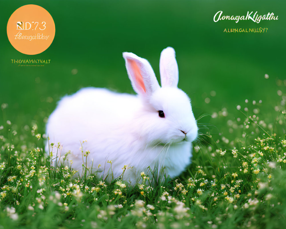 White Rabbit in Green Field with Whimsical Artistic Text and Shapes