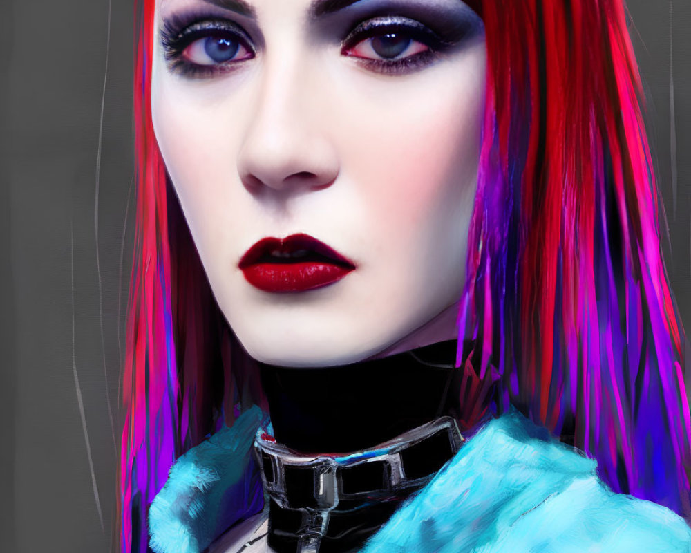 Stylized portrait of a woman with red hair and purple makeup