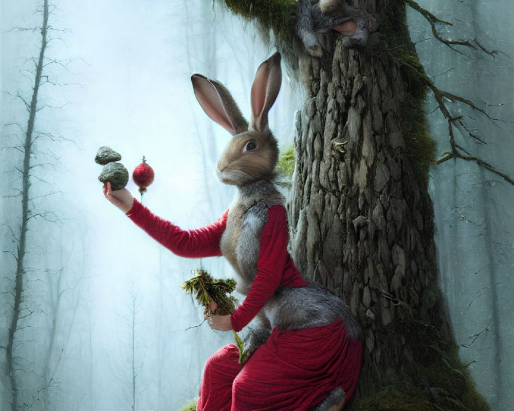 Anthropomorphic rabbit in red dress offers berry to small creature in misty forest.