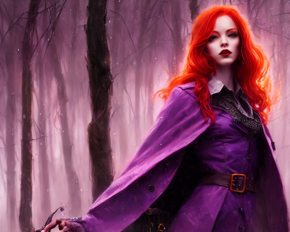 Vibrant red-haired woman in purple cloak in misty forest