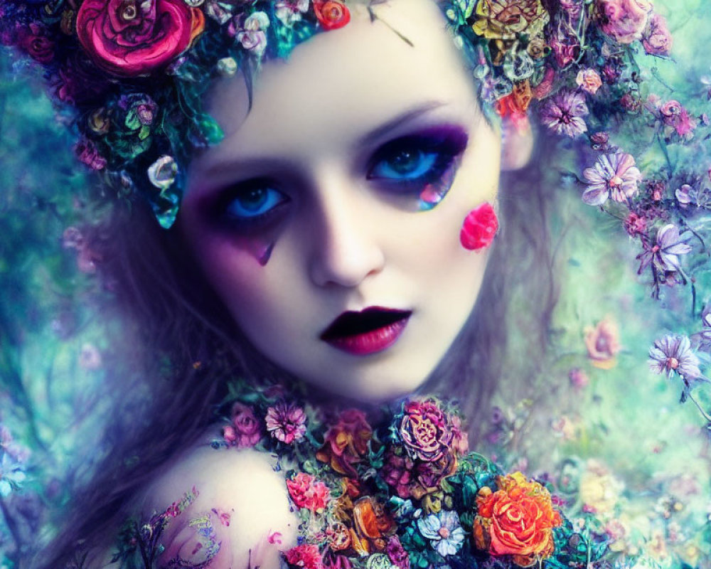 Artistic makeup with floral designs, deep blue eyeshadow, and vibrant lipstick on a person against