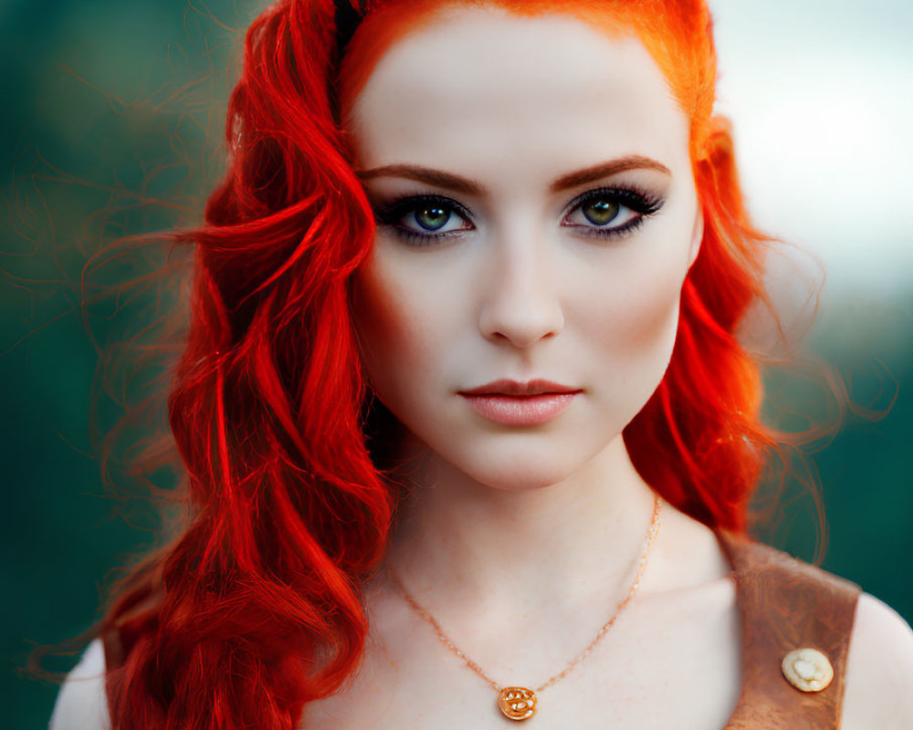 Portrait of a Woman with Red Hair and Blue Eyes in Gold Dress