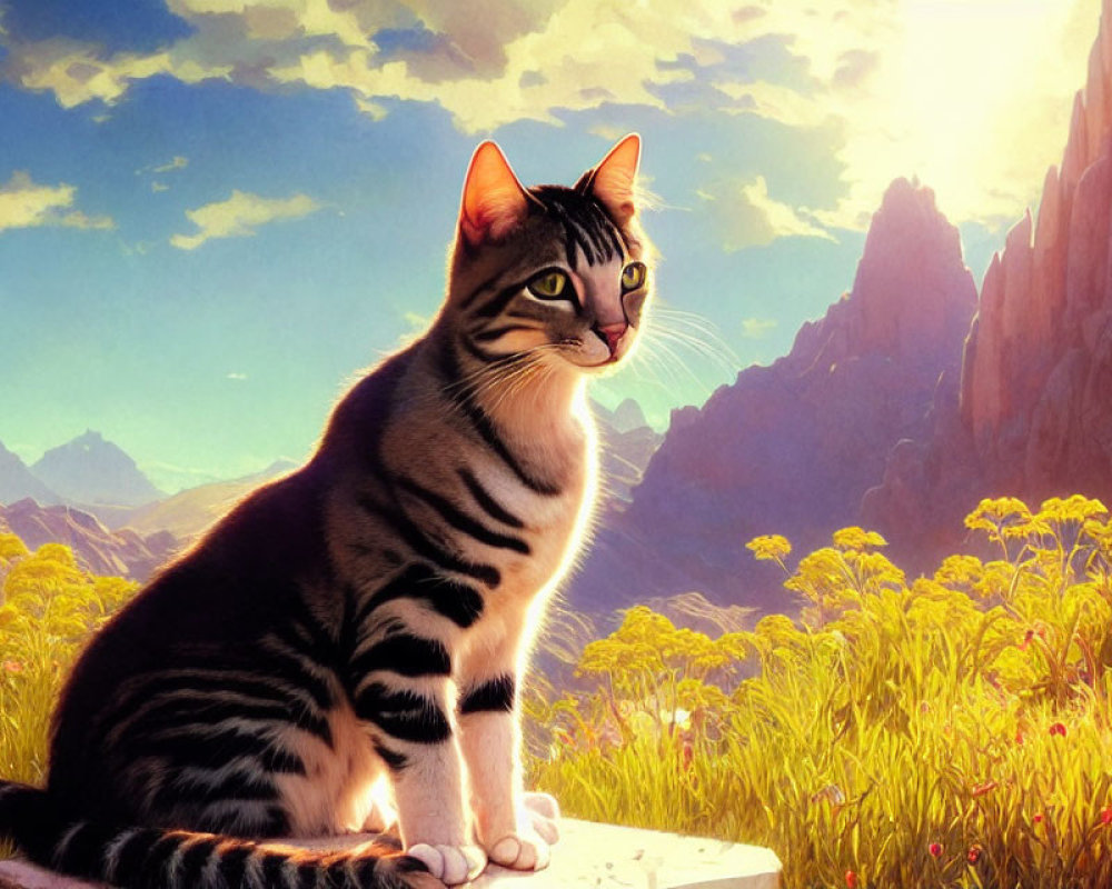 Striped Cat in Vibrant Field with Mountains and Blue Sky