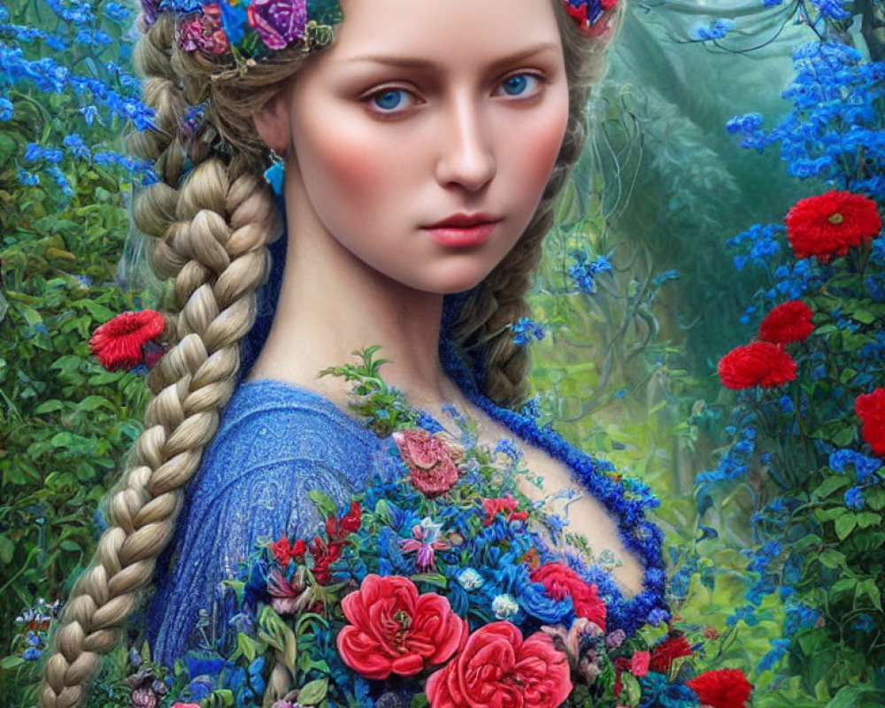 Female character in floral attire with braided hair in vibrant blue botanical setting