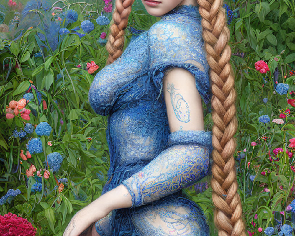 Digital art portrait of woman with braided hair and floral hair adornments in blue lace dress surrounded by