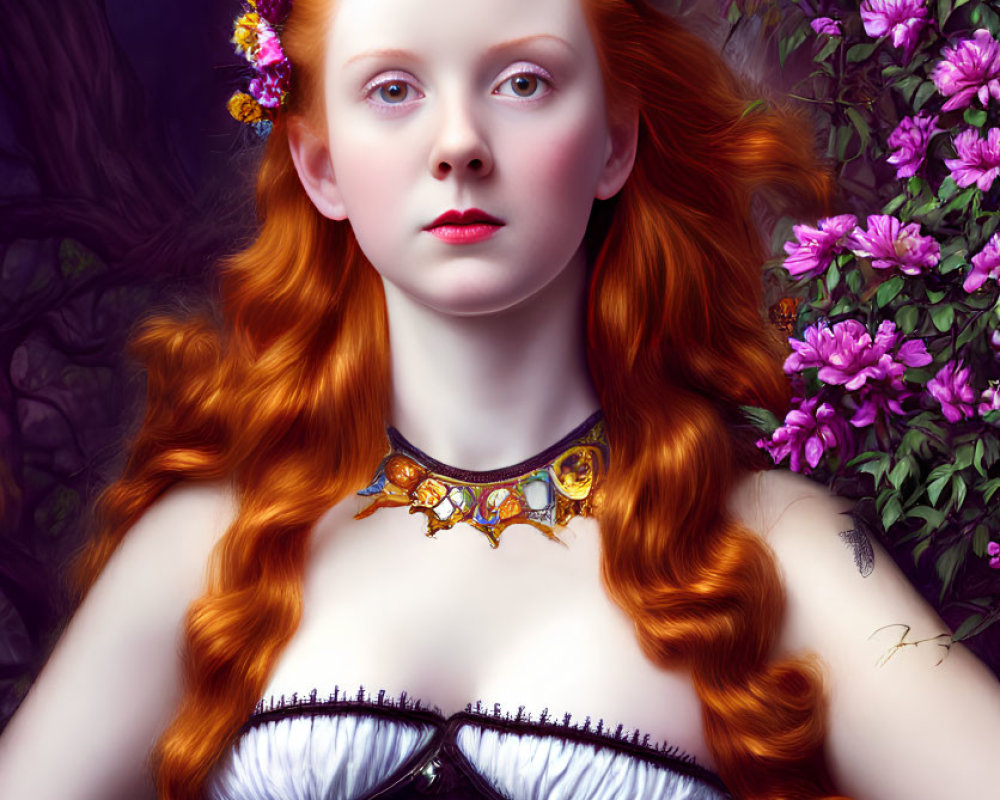 Digital portrait of a woman with long red hair, floral wreath, purple corset, and jew