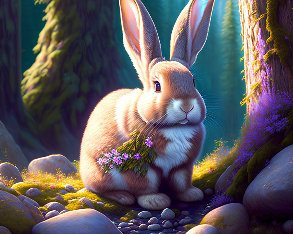 Illustrated rabbit with flowers in serene forest clearing