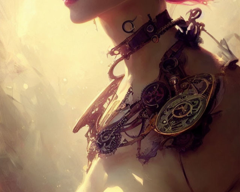 Steampunk-inspired woman portrait with mechanical accessories on soft-glowing backdrop