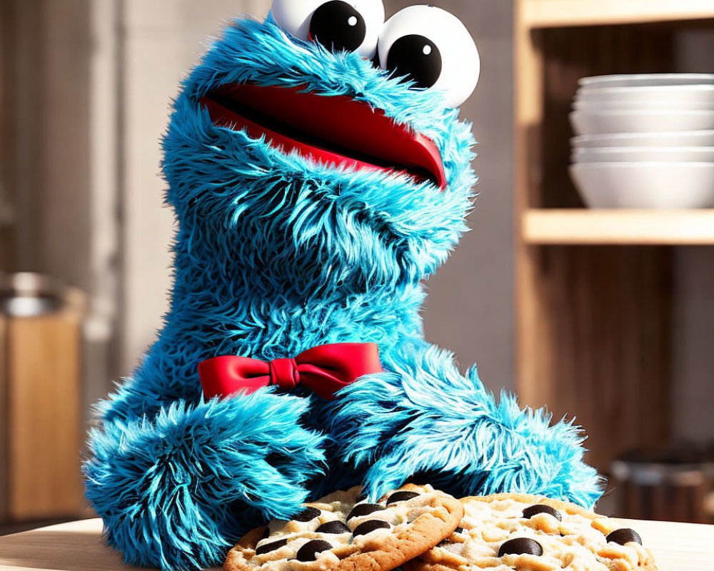 Blue furry puppet with googly eyes and cookies on table