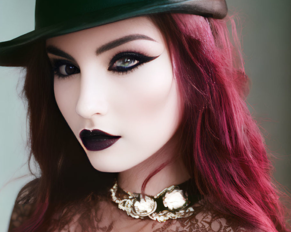 Portrait of a person with red hair and bold makeup in green top hat and lace garment