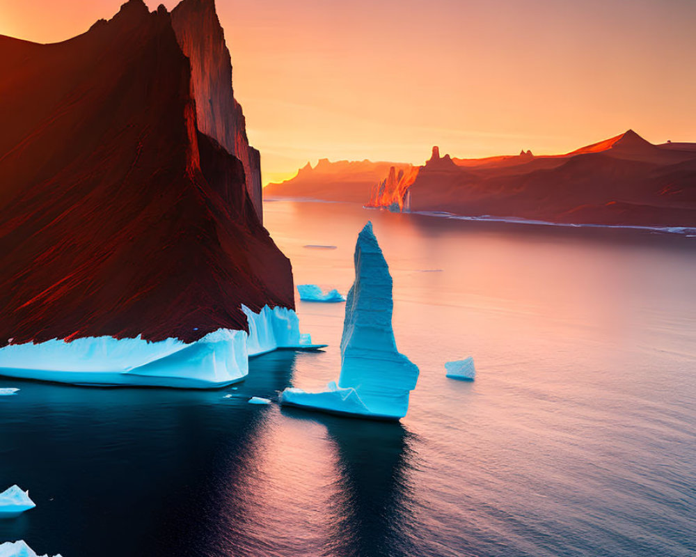 Scenic sunset over rugged coastline with cliffs and icebergs