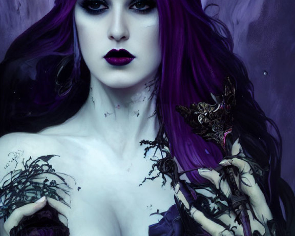 Pale Woman with Purple Hair and Dark Crown Holding Butterfly Among Dark Floral Motifs