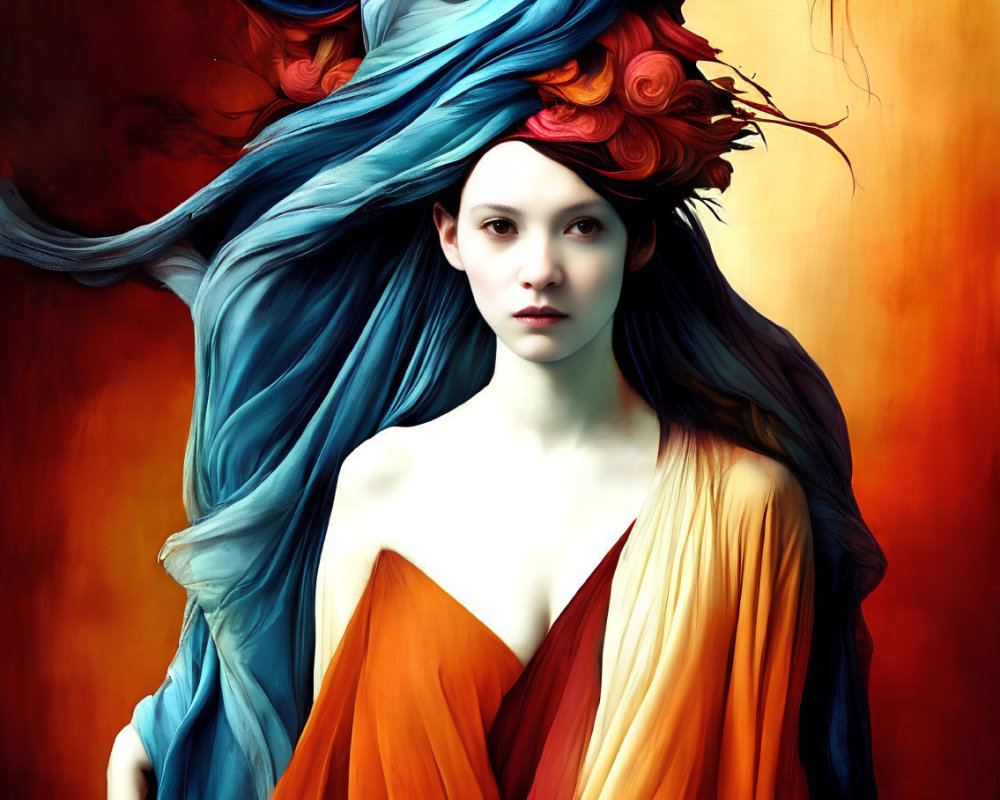 Stylized portrait of woman with blue hair and orange attire on warm background