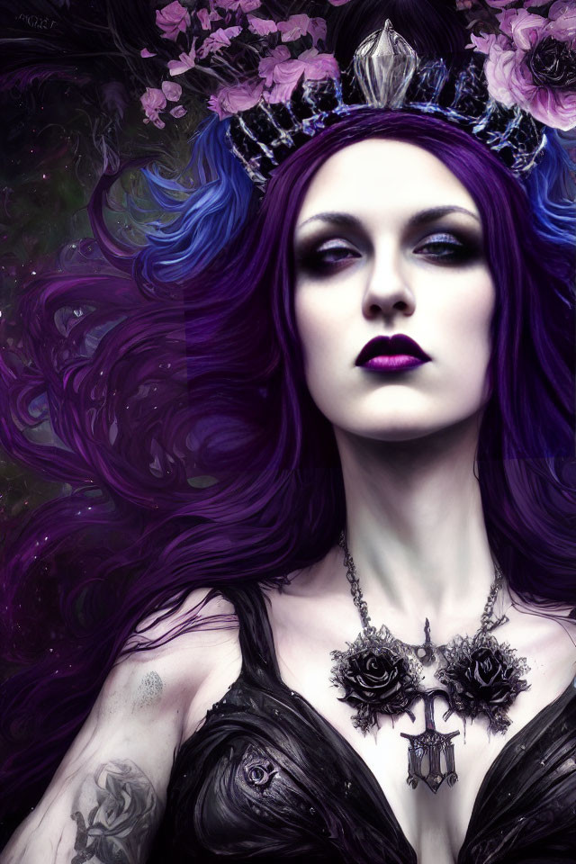 Vibrant purple-haired woman with dark crown and mystical skull necklace.