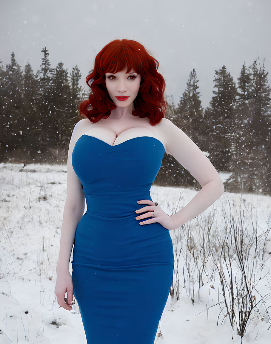 Red-haired woman in blue dress in snowy pine tree landscape