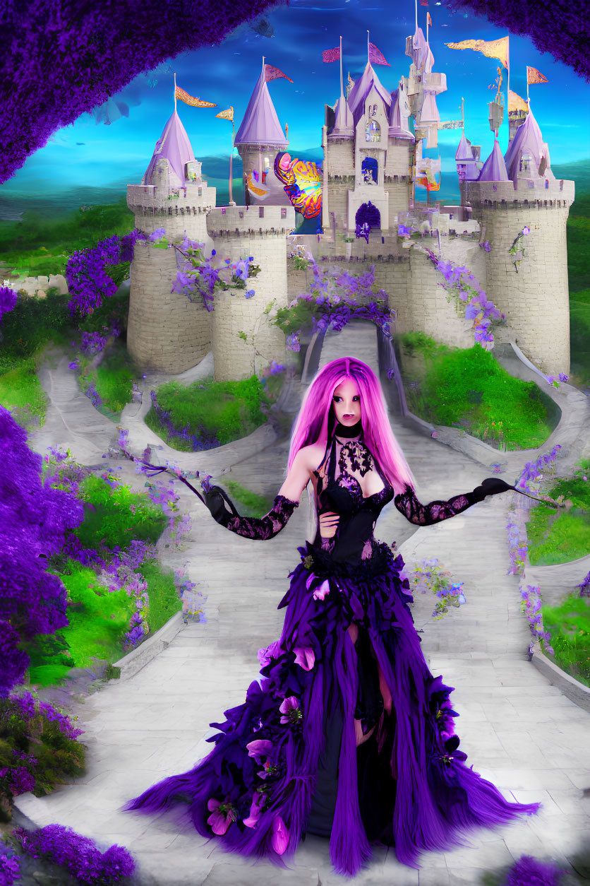 Pink-haired woman in gothic dress by majestic castle