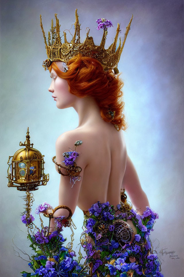 Profile of Woman with Red Hair Wearing Crown and Holding Birdcage