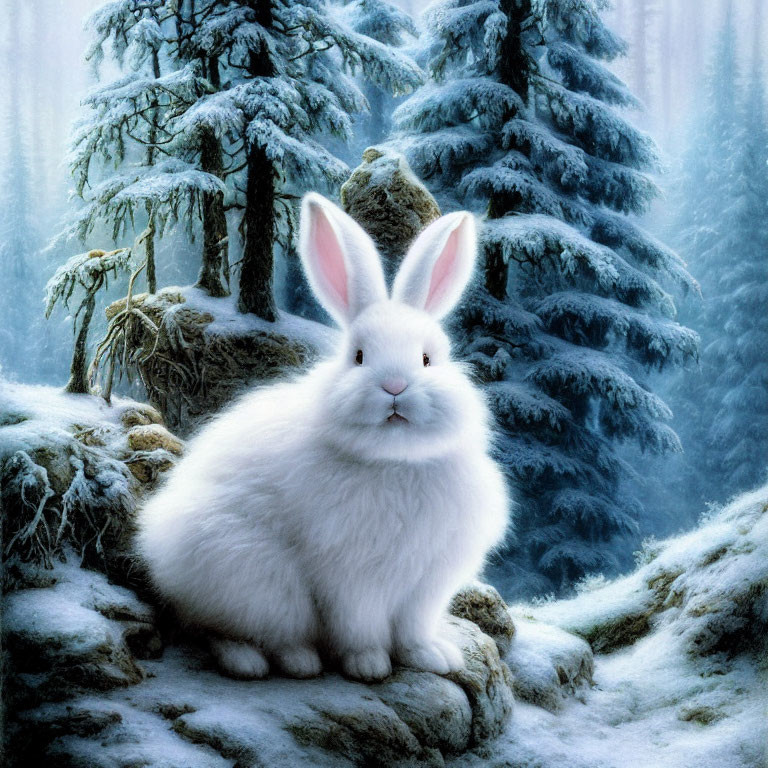 White Rabbit in Snowy Forest with Evergreen Trees and Mist