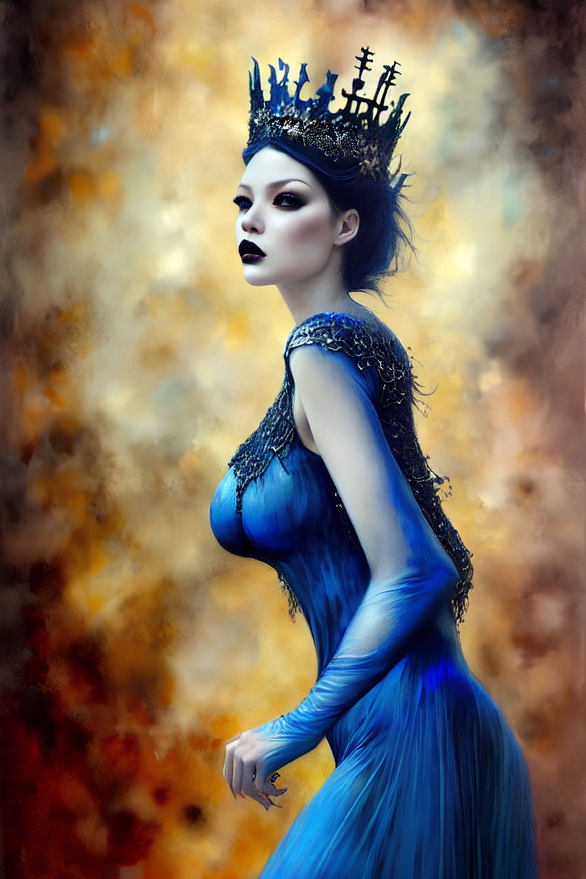 Woman in Blue Flowing Gown and Crown Against Vibrant Autumnal Backdrop