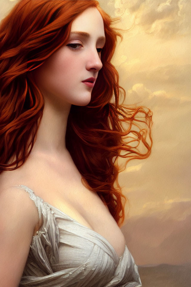 Red-haired woman in pale dress under golden sky: dreamy and ethereal vibe