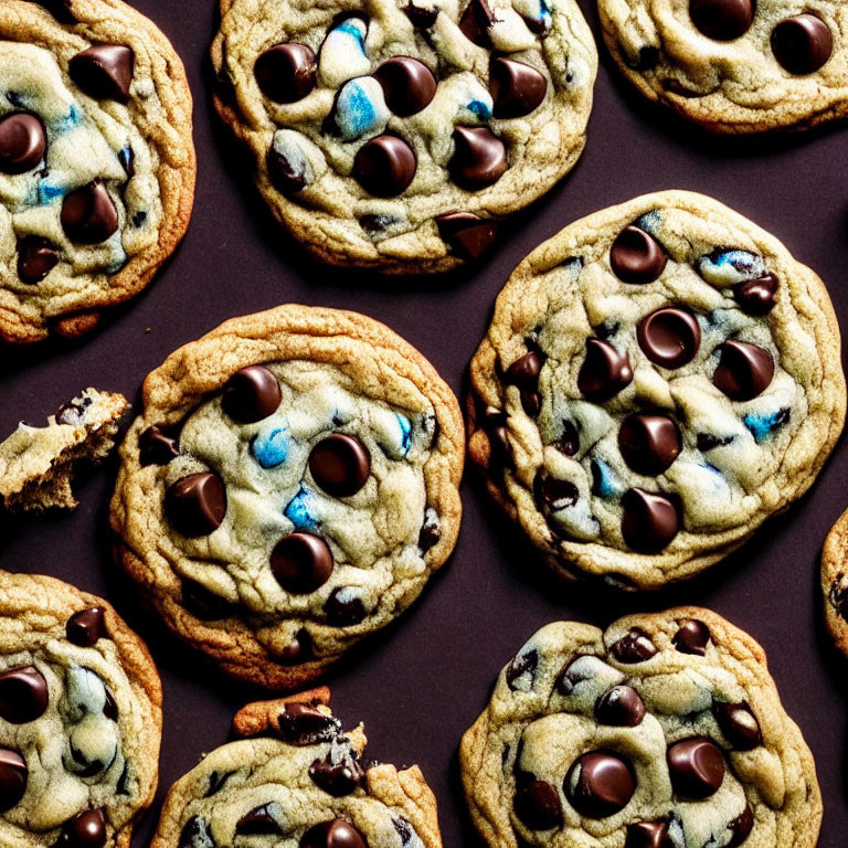 Chocolate chip cookies with regular and blue-colored candies on dark surface