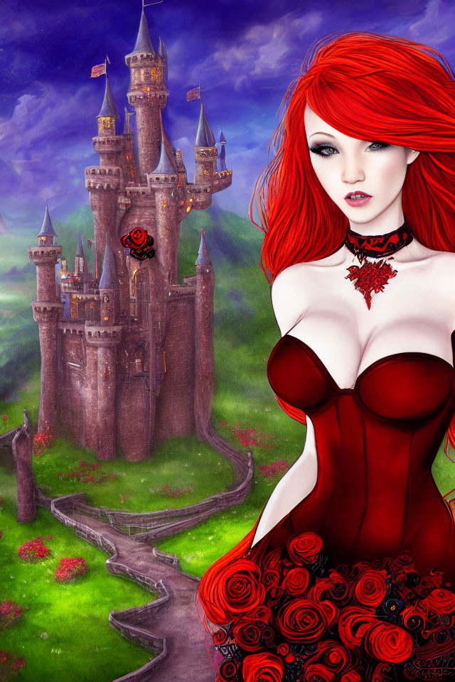 Vibrant illustration of woman with red hair in rose-adorned gown by fairytale castle