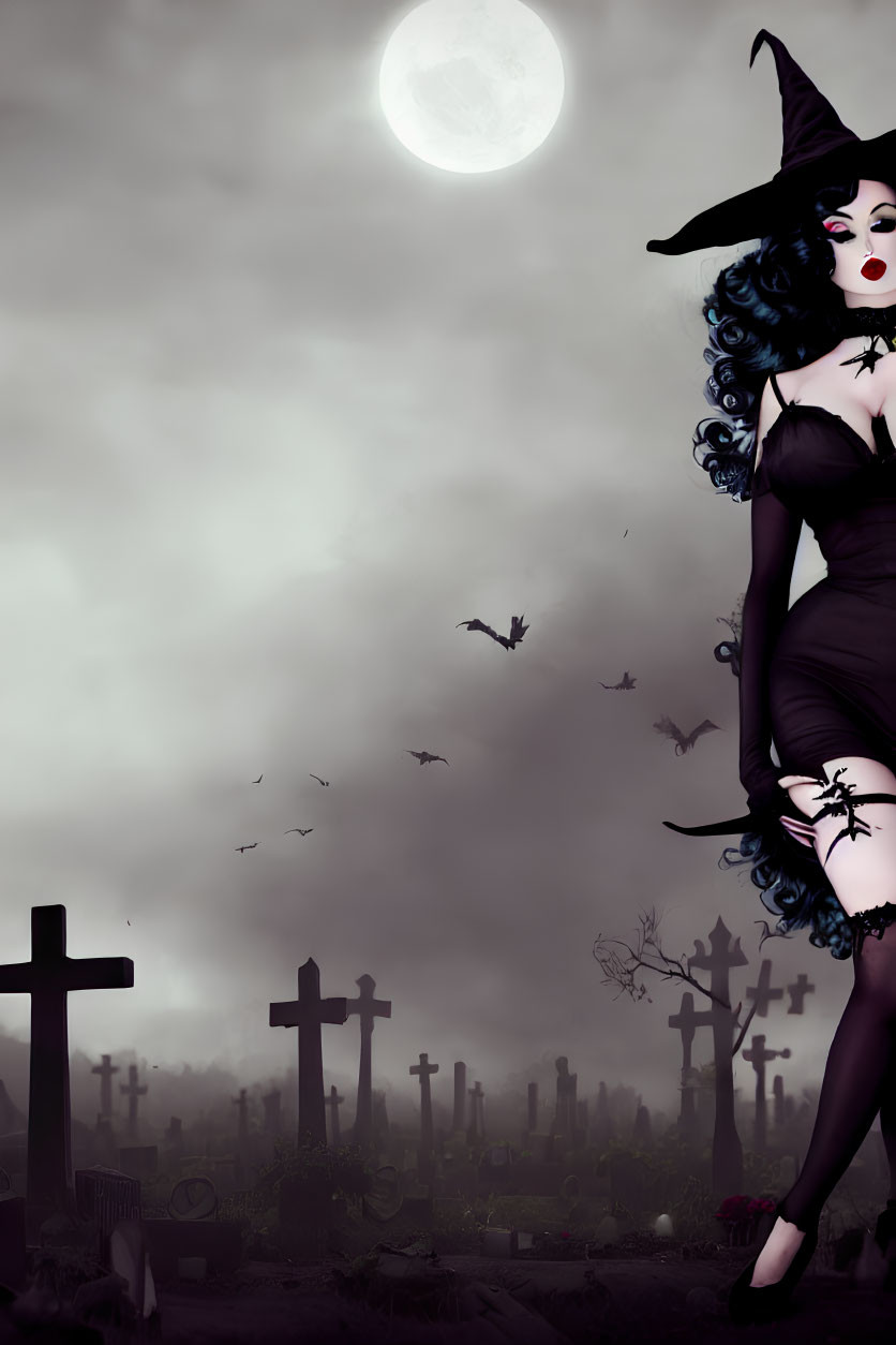 Gothic witch in dark dress and hat in cemetery under full moon