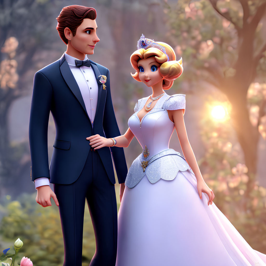 3D illustrated image of prince and princess in formal attire in enchanted forest at sunset