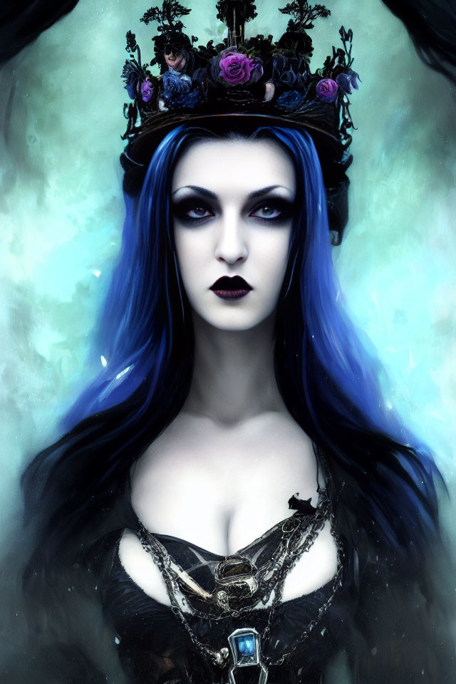 Woman with Blue Hair and Crown in Ornate Dress on Misty Background