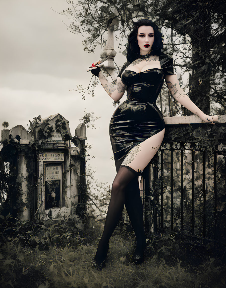 Woman in gothic black dress with bird by iron gate and tombstones.