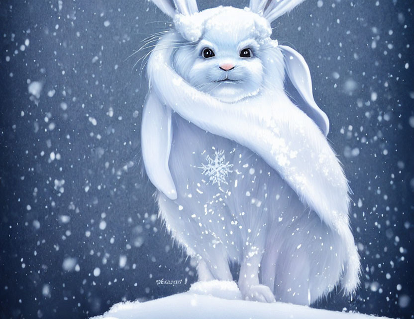 Illustration of a snow-white rabbit in snowfall with a delicate snowflake on its paw