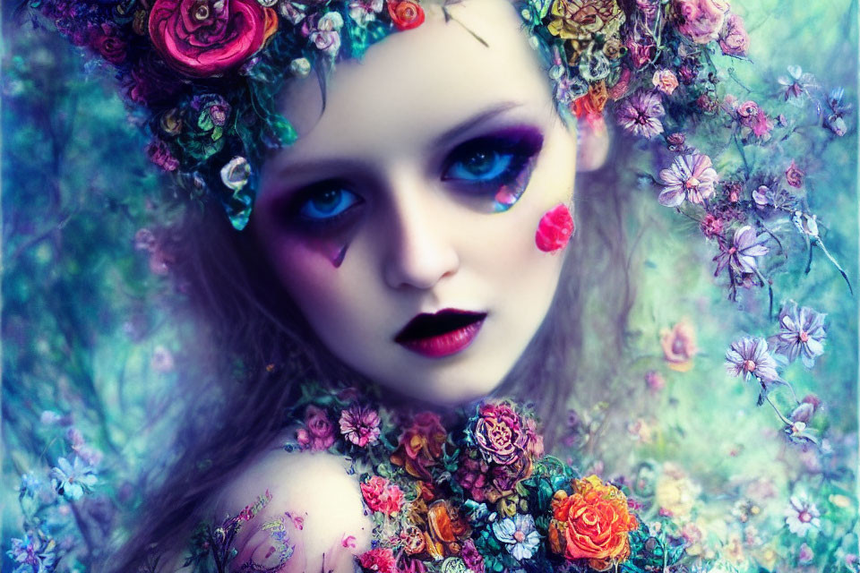 Artistic makeup with floral designs, deep blue eyeshadow, and vibrant lipstick on a person against